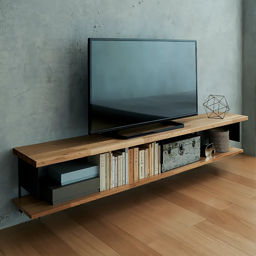 【収納セット】オーク材のちょっと浮いているテレビ台 奥行き450mm（黒の棚柱ブラケット仕様）［OM-003］