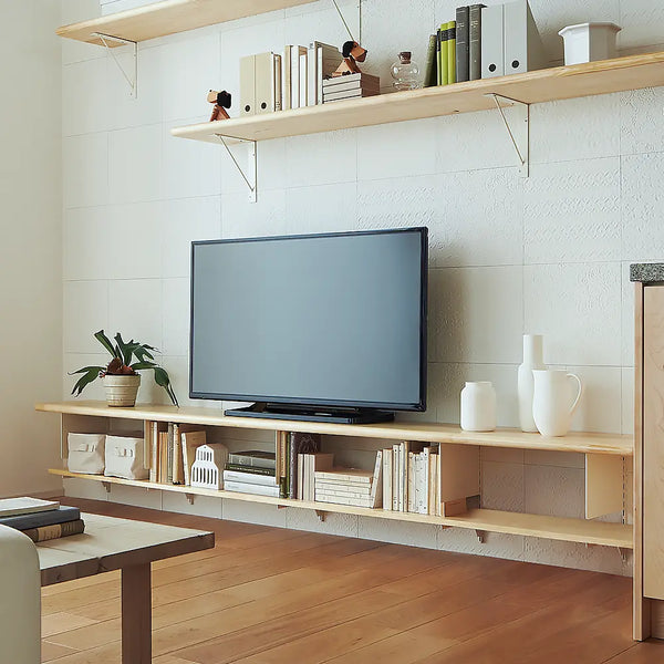 【収納セット】ニュージーパイン材のちょっと浮いているテレビ台 奥行き300mm（白の棚柱ブラケット仕様）［OM-004］